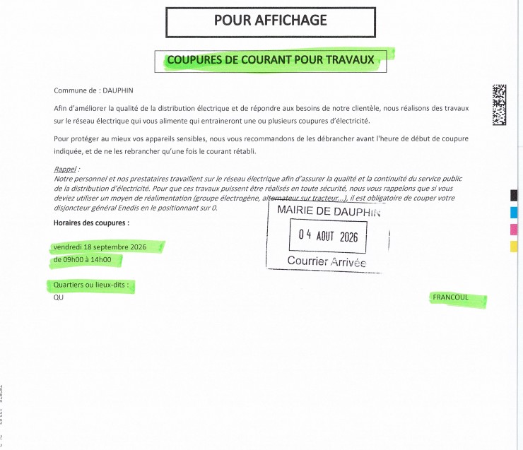 COUPURE ELECTRICITE 18 SEPTEMBRE