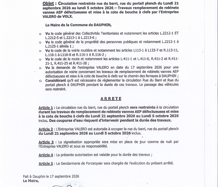 TRAVAUX RESEAU EAU RUE DU BARRI / PORTAIL PLENCH