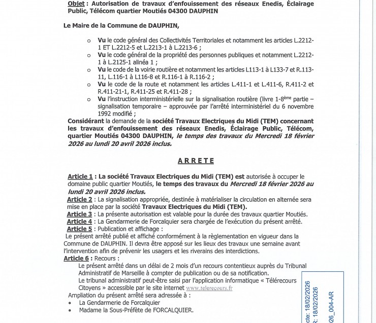 ARRETE TEMPORAIRE TRAVAUX TEM
