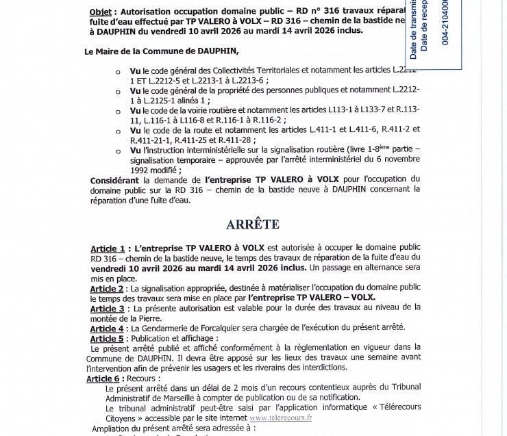 ARRETE REP FUITE D'EAU CH DE LA BASTIDE NEUVE 