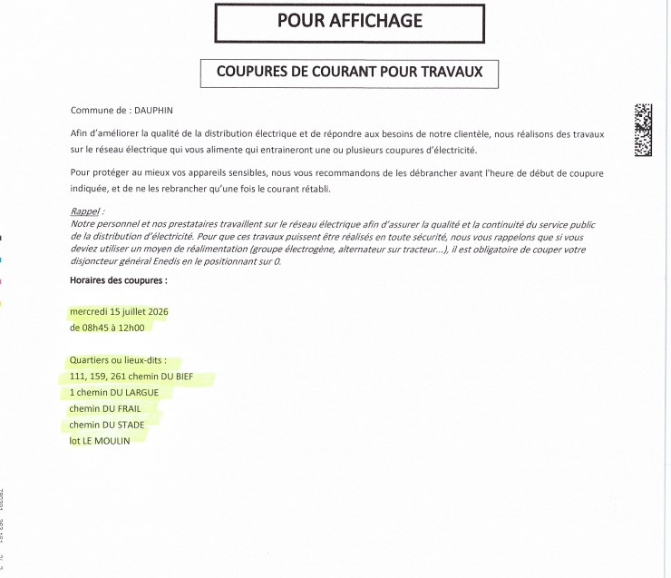 RAPPEL COUPURE D ELECTRICITE MECREDI 15 JUILLET 