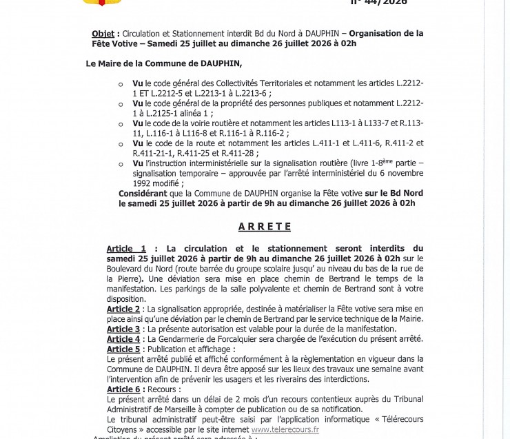 ARRETE FETE VOTIVE 25 JUILLET 2026