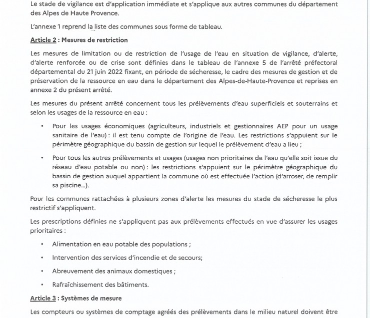 SECHERESSE -ALERTE ARRETE PREFECTORAL 2024-035003