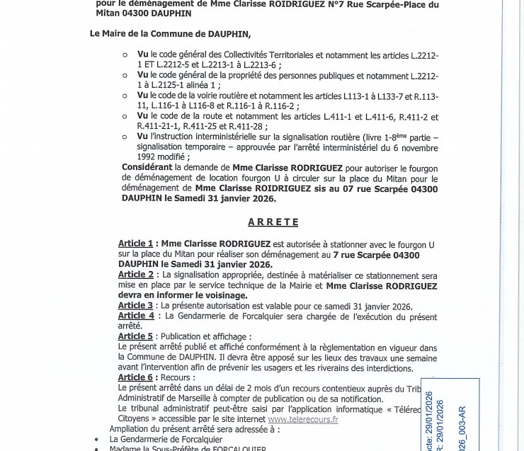 ARRETE TEMPORAIRE DEMENAGEMENT PLACE MITAN