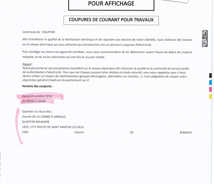 COUPURE ELECTRICITE LE 20 OCTOBRE
